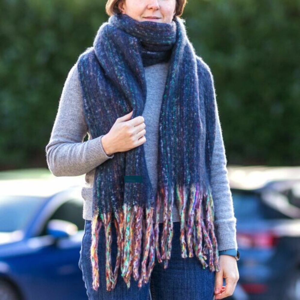 Elegant Women Vintage Chunky Knit Navy Blue Multicolored Fringe Scarf Warm Soft